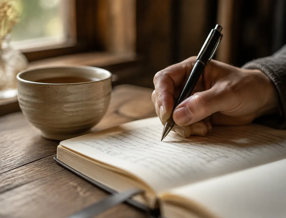 Hand schreibt mit Stift in ein aufgeschlagenes Notizbuch, Teetasse daneben